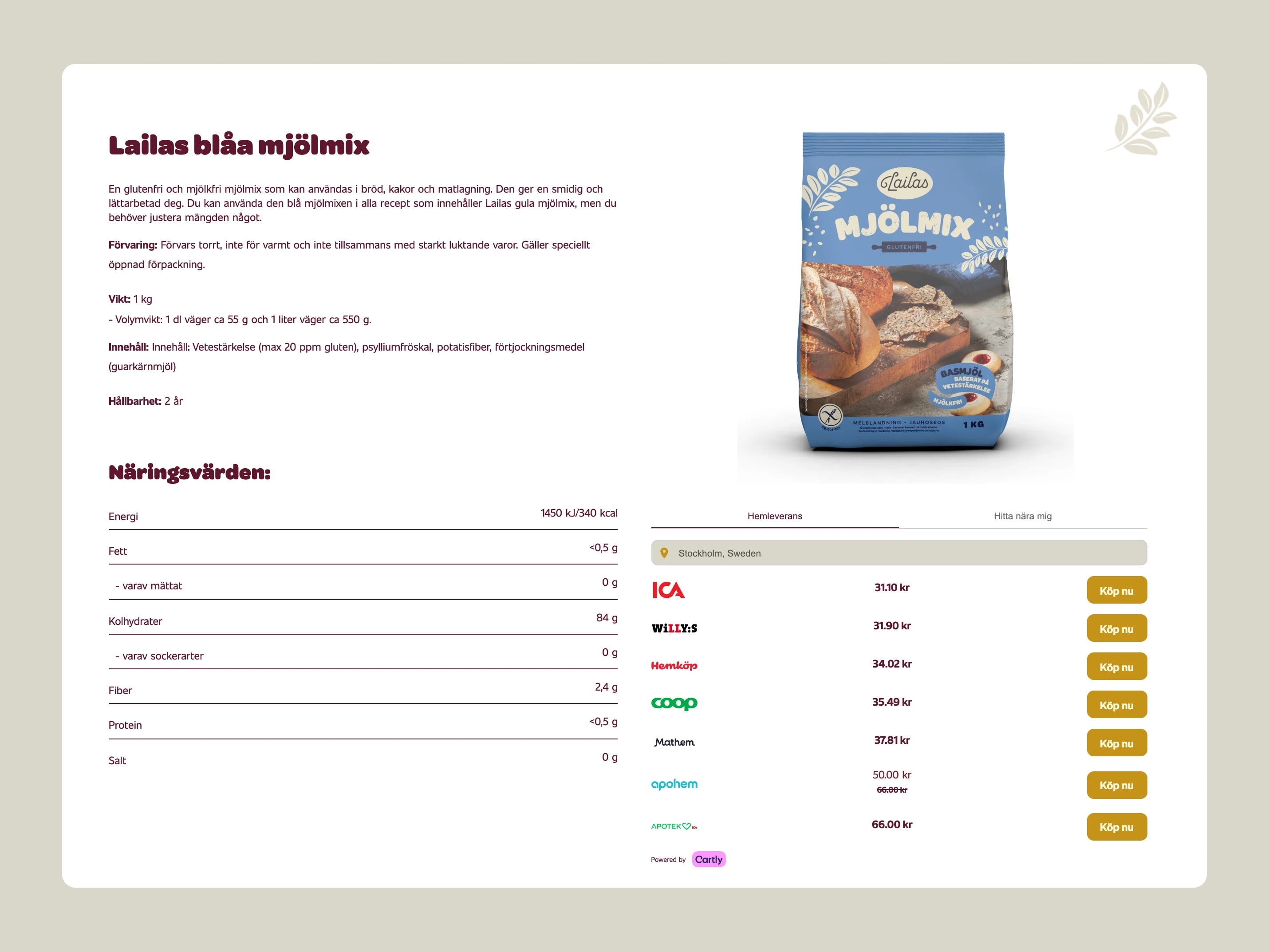 Lailas glutenfrias produktsida för Lailas blåa mjölmix med Product Finder