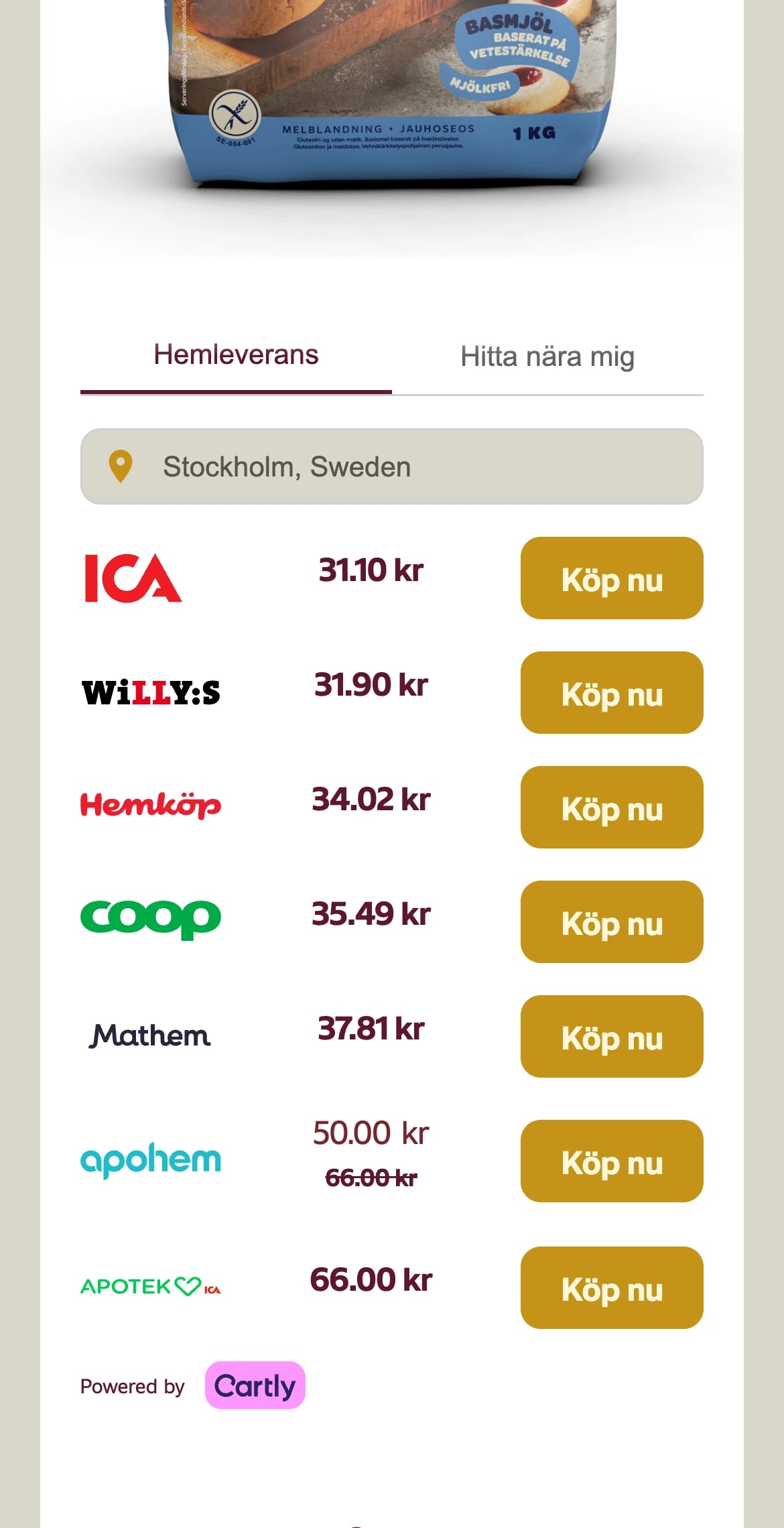 Product Finder på Lailas glutenfrias produktsida i mobilen